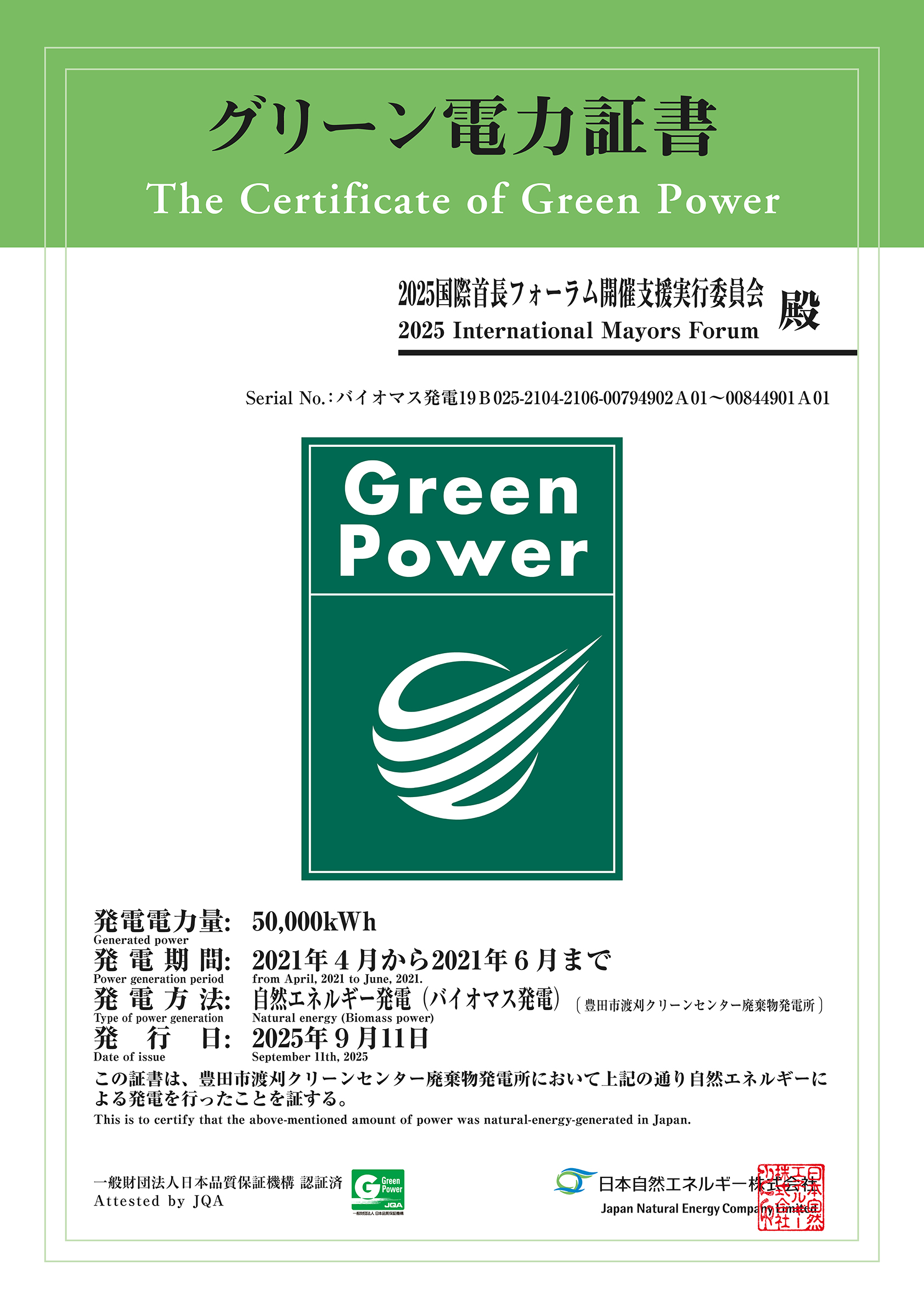 the Certificate of Green Power